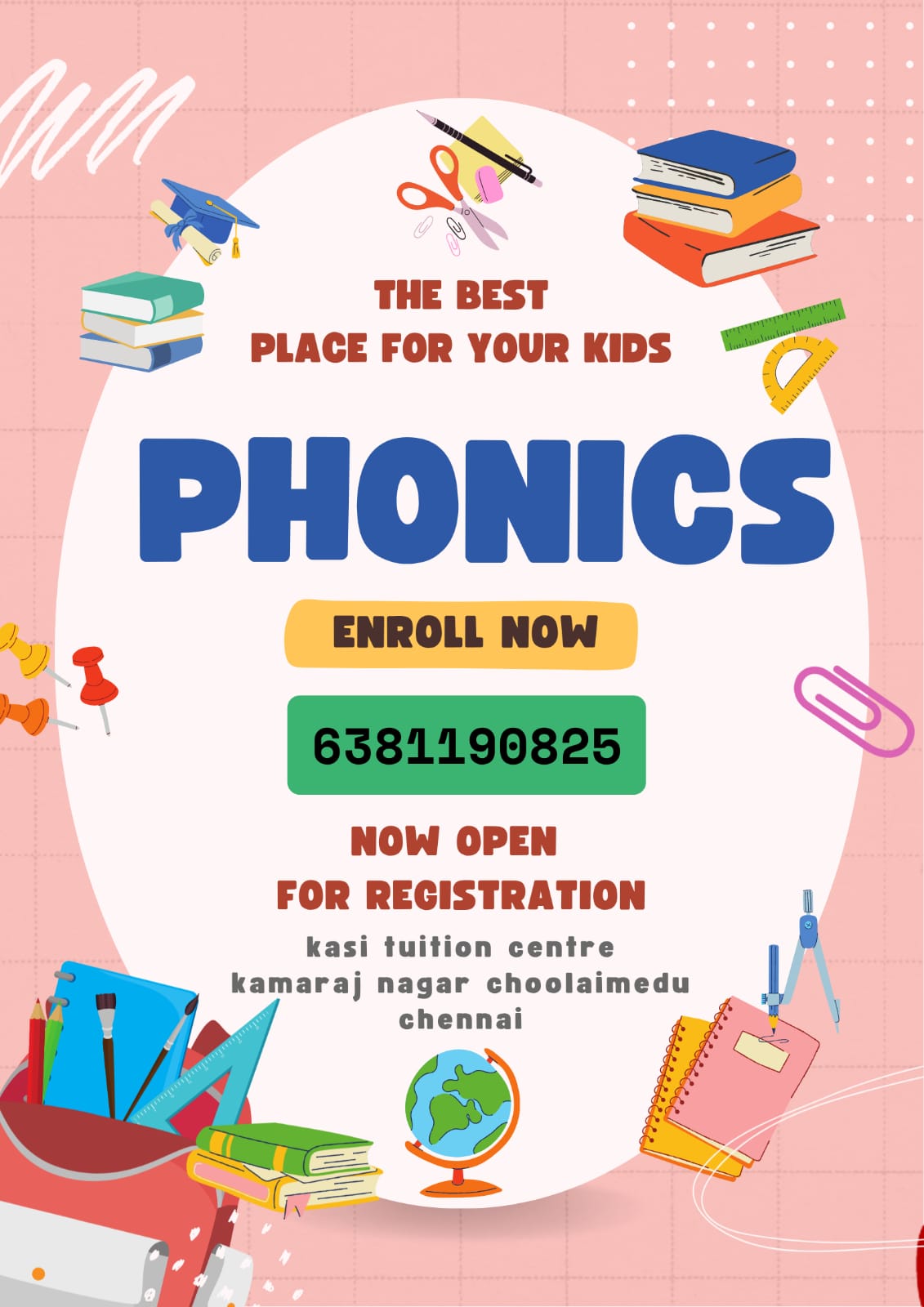 Phonics programme poster — enrollment now open at Kasi Tuition Centre, Kamaraj Nagar, Choolaimedu, Chennai