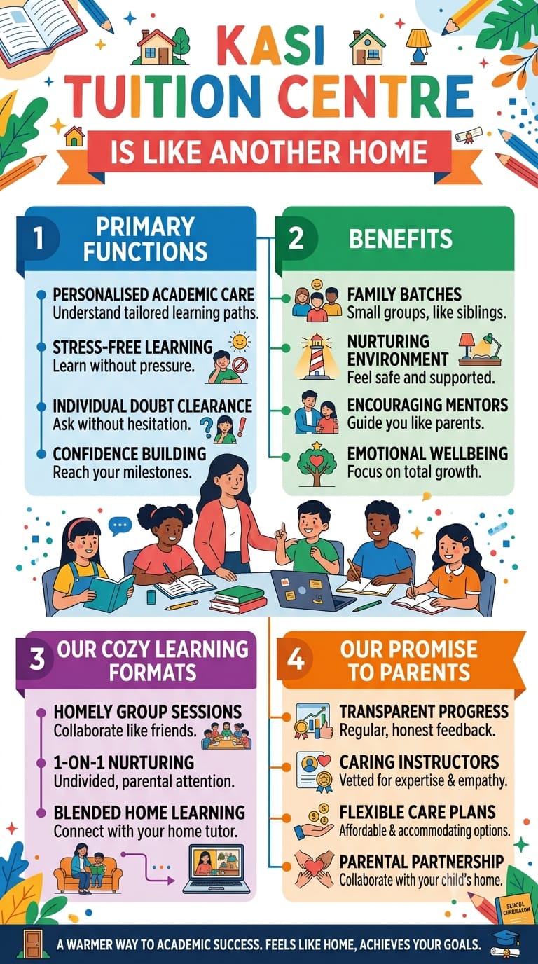 Poster reading 'Kasi Tuition Centre is like another home', listing our primary functions, benefits, learning formats and our promise to parents